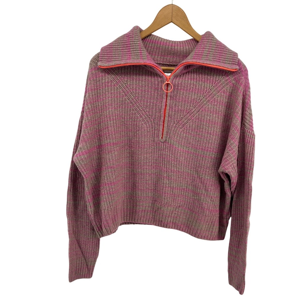 Aerie Striped Quarter Zip Pullover Sweater Women Size S Pink Taupe Knit‎